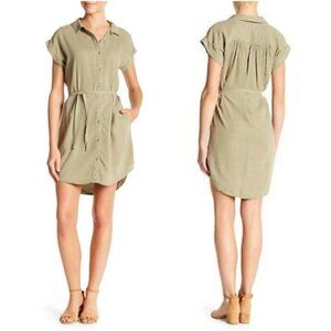 ✅ Anthropologie Cloth & Stone Light Grey Button-Down Tie Waist Shirt Dress. XS